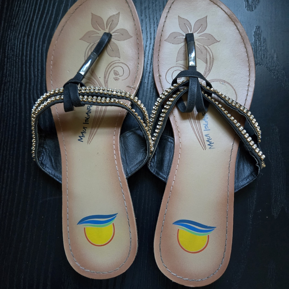 Maui Island Black Toe-Post Sandals with Gold Rhinestone Trim